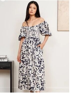 La Ligne Navy & White Floral Daisy Smocked Midi Dress Size XS 100% Cotton Summer